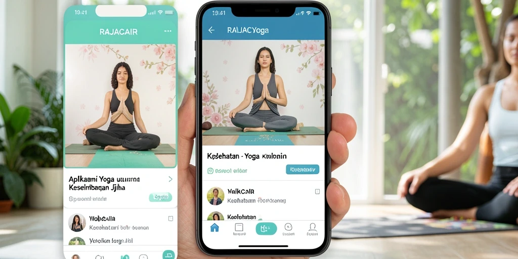 Antarmuka aplikasi RAJACAIR menampilkan latihan yoga yang mudah diakses dan menarik.